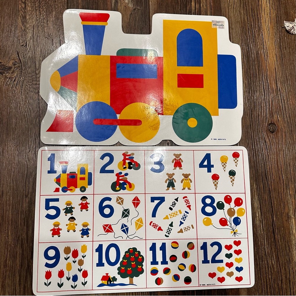 Vintage vinyl foam placemats primary colors train numbers Mervyns 1986 set of 2